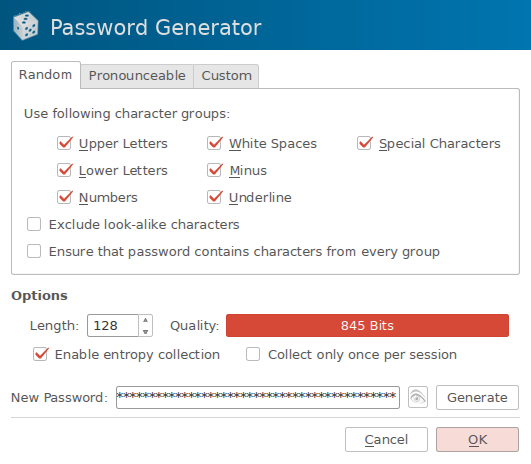 KeePassX prompt for generating a new random password