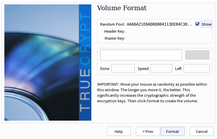 TrueCrypt entropy selection screen for improving cryptographic strength