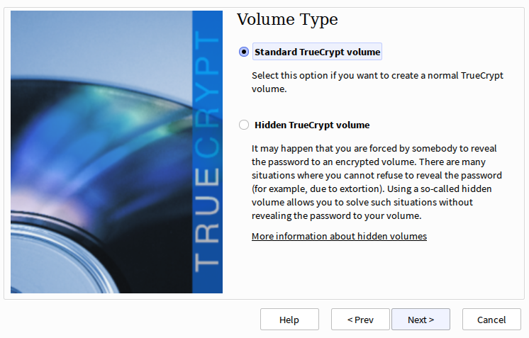 TrueCrypt volume type selection screen, select standard or plausible deniability hidden volumes