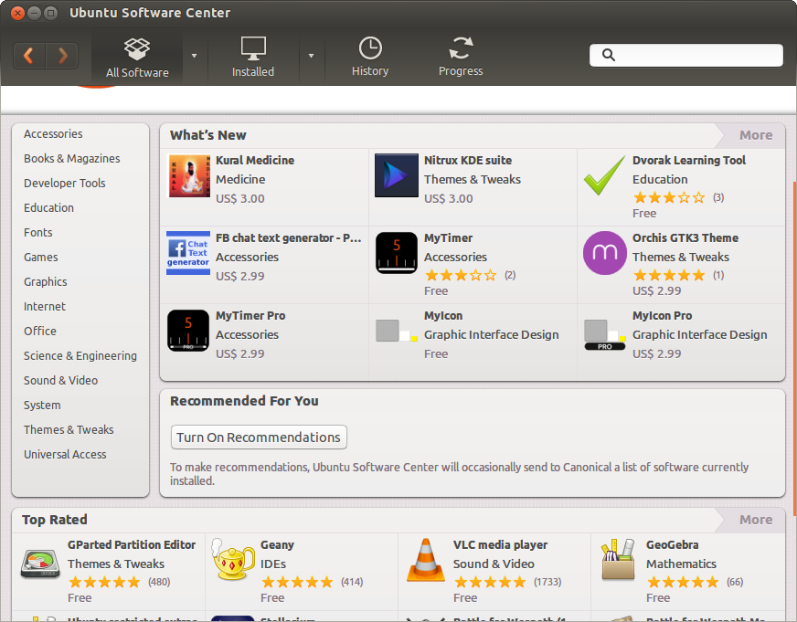 Ubuntu Software Center main screen showing categories, new software, and top rated software