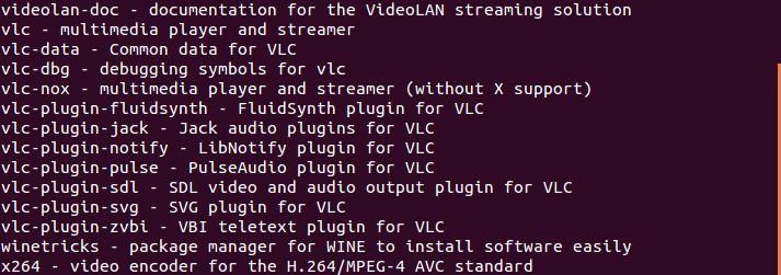 Ubuntu Terminal showing sample output from the apt-cache search command