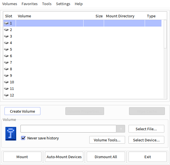 TrueCrypt start screen with no volumes mounted