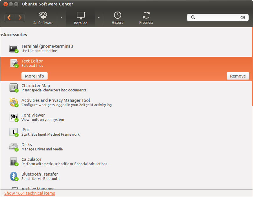 Ubuntu Software Center installed packages screen showing the option to remove a text editor