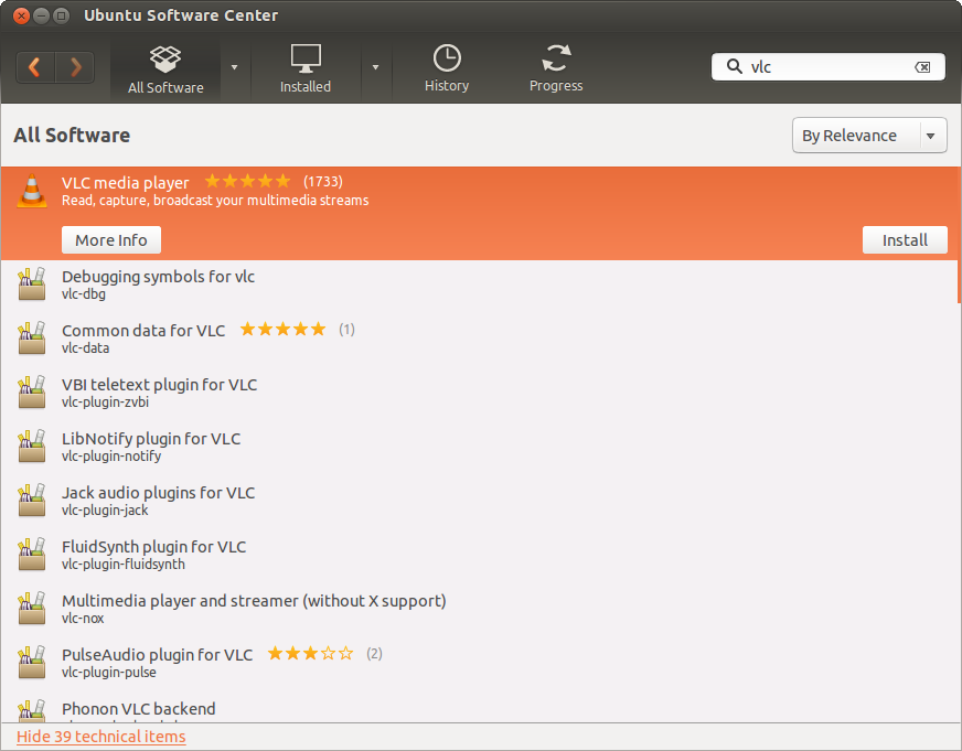 Ubuntu Software Center search results for the VLC media player